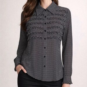 Anne Klein Women’s Size 6 Silk Black White Polka Dot Ruffle Blouse Long Sleeve